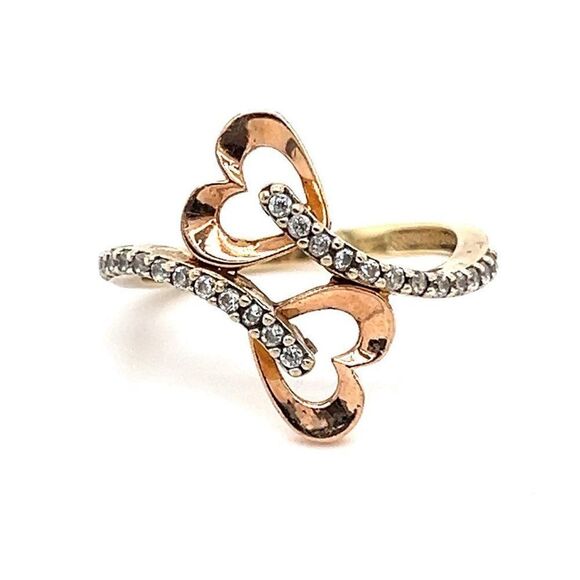 10k Rose & Yellow Gold Bypass Heart Cz Ring - Picture 1 of 9